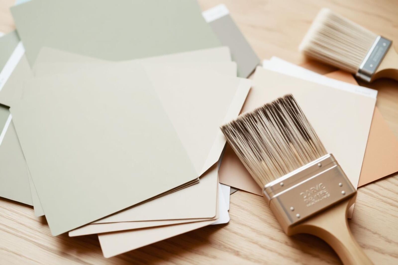 Paint colour swatch cards in sage, clay and off-white tones next to a brush
