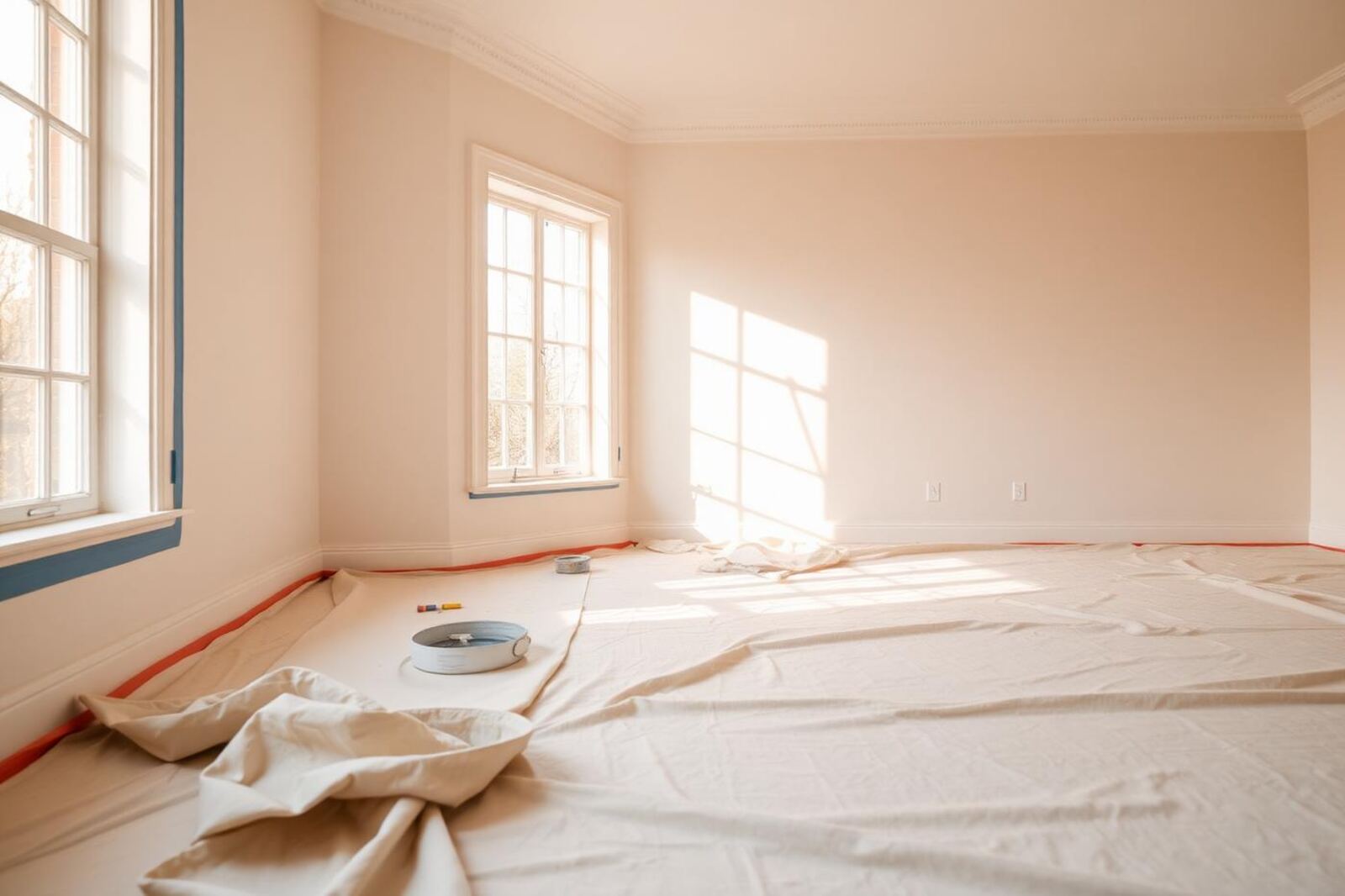 Dining room masked and prepped before painting